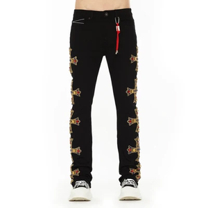 Jeans de Hombre Negros con Estrellas Bordadas, Corte Recto, Cintura Alta, Cierre de Cremallera, Estilo Casual, Lavado, para Otoño - Product Image 2