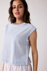 Top sin mangas con cuello en V y rayas azules para mujer |   Blusa de Oficina de Corte Regular 100% Algodón para Todas las Temporadas, Fabricante OEM ODM, Ecológica - Product Image 6