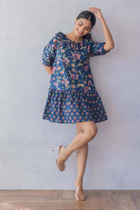 Vestido MIDI con Estampado Floral, Vestido Azul de Algodón con Mangas Abullonadas y Cuello con Volantes, Estilo Casual de Verano, Corte en A, Mini, Holgado - Product Image 4