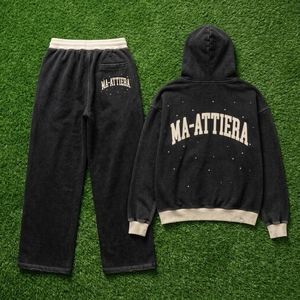 Ensemble survêtement streetwear noir délavé personnalisé avec sweat à capuche oversize et pantalon de jogging large, orné de strass, vente en gros OEM - Product Image 5