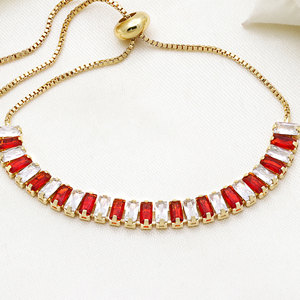 Pulsera de tenis de plata de ley 925 chapada en oro con circonitas rojas y blancas para mujer, cadena ajustable con cristales baguette - Product Image 2