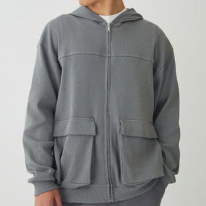 Men's Oversized <b>Hooded</b> <b>Zip</b>-Up Sweatshirt Solid Gray Knitted Cotton Casual Autumn Wear - Product Image 1