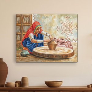 Acrylic Hand-made Paper Woman Making Pots <b>Indian</b> Village Scene Wall <b>Art</b> Painting Depicting Traditional Rajasthani Woman Shaping - Product Image 1