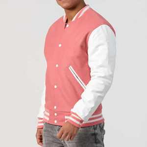 Breathable Pink <b>White</b> <b>Men's</b> Varsity <b>Jacket</b> Button Front Regular Length Stand Collar Casual Winter Coat Cotton - Product Image 2