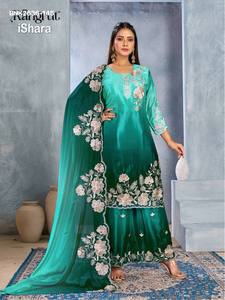 Ensemble Kurti-Plazzo de qualité supérieure en Chinon avec broderie ombrée et florale, et dupatta assortie, fournisseur de Surat - Product Image 4