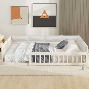 Letto matrimoniale imbottito beige con piattaforma in legno, sponda di protezione e cuscino per comfort ed eleganza - Product Image 2