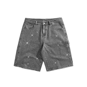 <b>Mens</b> Washed Charcoal Denim Jorts Shimmering Rhinestone Embellishments Loose Baggy Fit Retro Y2K Grunge Streetwear Apparel - Product Image 1