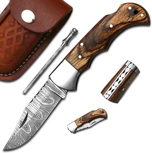 Cuchillo Plegable Artesanal de Damasco para Exteriores, Camping y Supervivencia, con Mango de Madera, Funda de Cuero y Hoja de Cambio Rápido de 7 Pulgadas - Product Image 2