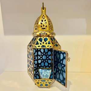 Hexagon <b>Brass</b> <b>Lantern</b> Set With Warm LED Flame Glass Panels Durable Home Decoration Christmas Use - Product Image 5