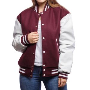 <b>Women's</b> Maroon <b>White</b> Varsity <b>Jacket</b> Full Sleeve Regular Fit Turn Down Collar Zipper Closure Polyester Cotton Material - Product Image 1