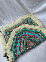 Pochette Bohème Turquoise à Franges, Sac à Main Ethnique Brodé de Perles, Sac de Plage Tendance pour Femme Été Automne Hiver