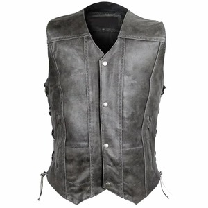 <b>Men</b> Distressed <b>Grey</b> Cowhide Genuine Leather Vest Biker <b>Waistcoat</b> - Product Image 1