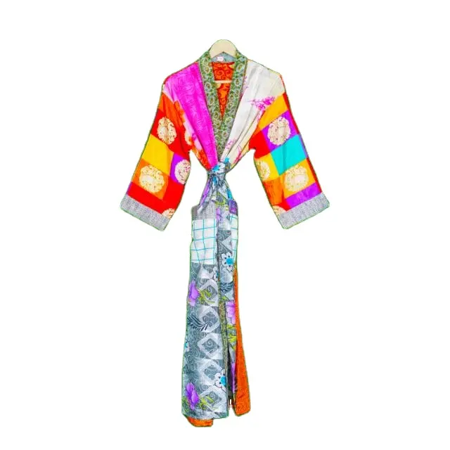 Women's Bohemian Bathrobe Silk Kimono Pattern Summer Coat Indian Silk Saree Cover Party Wear Beachwear Patchwork Robe Design