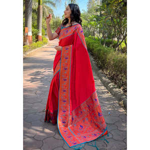 Sari de Seda Paithani Rojo Meenakari Muniya con Detalles Tejidos en Zari, Reversible y Elástico, para Fiestas, Invierno y Verano, Ropa India y Pakistaní - Product Image 3