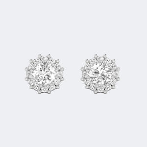 Boucles d'oreilles clous florales en or 14K avec diamants de laboratoire ronds brillants 1,50 carat, VVS2 EF, sertis à griffes, style halo - Product Image 6