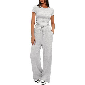 Ensemble 2 pièces pour femmes, t-shirt court à col rond en couleurs unies printemps-été et pantalon large décontracté, tenue en tricot, survêtement 2 pièces - Product Image 3