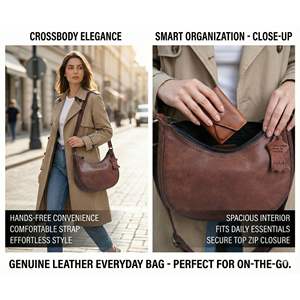 Bolso Bandolera de Media Luna de Cuero Genuino para Mujer – Bolso de Hombro Pequeño en Forma de Luna Creciente en Color Marrón - Product Image 4