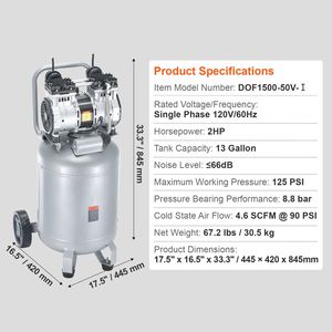 Compressore d'Aria Ultra Silenzioso da 13 Galloni, 2HP, 4.6 SCFM@90PSI, Senza Olio, 66dB, per Gonfiaggio Pneumatici Auto - Product Image 5