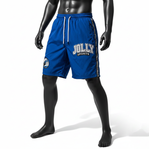 Shorts coupe-vent légers en polyester 120 GSM, bleu, avec empiècements latéraux contrastés, broderie, appliqué, logo personnalisé, pour homme - Product Image 1