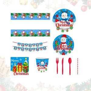 Ensemble de vaisselle jetable de Noël 10 pièces, motif bonhomme de neige, assiettes en papier, serviettes, bannières, nappes en plastique pour décorations de fête - Product Image 1
