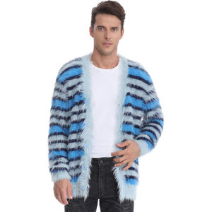 Custom LOGO Fuzzy Mohair Striped Sweater <b>Men</b> Fashion Long Sleeve Knitwear Winter Knitted Coat Furry <b>Men</b> Cardigan Mohair Sweater - Product Image 2