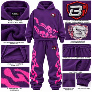 OEM Custom Unisex <b>Purple</b> Flame Print Hoodie Tracksuit Oversized Heavyweight Fleece Streetwear Set - Product Image 6