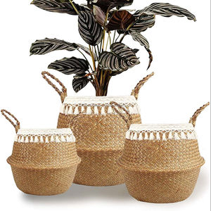 High Quality Trendy <b>Foldable</b> Seagrass Circle Storage <b>Basket</b> Handles New Fashion Modern Bohemian Handmade Eco-Friendly Durable - Product Image 1