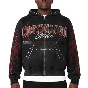 Sweat à capuche zippé oversize pour homme, le plus vendu, design personnalisé, délavé à l'acide, effet vieilli, strass, molleton épais 100% coton - Product Image 3