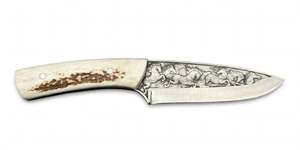 Cuchillo de cocina artesanal de acero grabado en 3D con mango de hueso de ciervo, herramienta de exhibición - Product Image 3