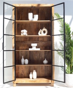 Vitrine industrielle en bois Vandana Merino Grand avec portes en métal noir, design de rangement moderne - Product Image 4