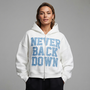 Vente en gros Sweat à capuche oversize court pour femme, entièrement zippé, en molleton bouclette épais 480 GSM - Product Image 1