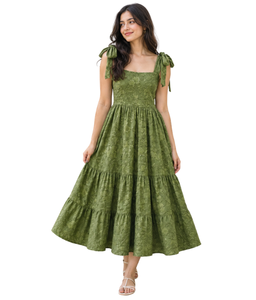 Vestido Midi Verde sin Mangas con Cuello Cuadrado, Estilo Boho, de Algodón y Fibra de Bambú, Transpirable, para Primavera/Verano, Ropa Casual para Mujer - Product Image 3
