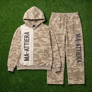 Men's Beige Digital <b>Camouflage</b> <b>Tracksuit</b> Set Zip Up Hoodie And Baggy Sweatpants Custom Streetwear Two Piece - Product Image 5