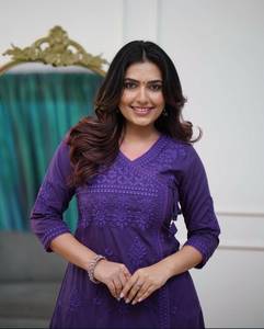 Women's Purple Cotton <b>Chikankari</b> Embroidery A-Line Kurti with Pant Regular Fit Knee Length Casual Wear <b>Suit</b> Set - Product Image 2