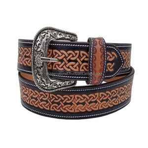 Ceinture Western personnalisée en cuir véritable usinée à la main et finie à la main avec boucle antique gravée de fleurs amovibles - Product Image 4