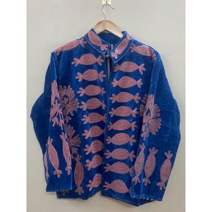 Green <b>Velvet</b> Embroidered <b>Blazer</b> Women Mandarin Collar Full Sleeve Winter Cotton Hand Embroidery Pattern - Product Image 6