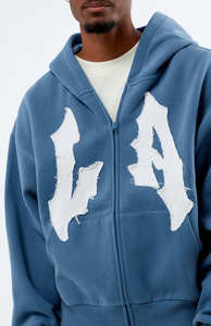 Wholesale Custom <b>Slate</b> Blue LA Raw Applique Full Zip Unisex Hoodie Breathable Cotton Blended Streetwear Distrust Hoodie For Men - Product Image 3