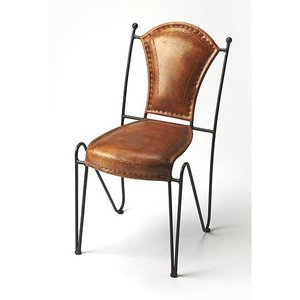 Vintage Brown Leather Dining <b>Chair</b> with Curved Backrest Armless Design <b>Metal</b> Frame <b>Legs</b> Rustic Industrial Accent Seating - Product Image 1