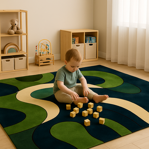 Alfombra de lana hecha a mano, abstracta, moderna, verde oscuro claro, geométrica, para sala de estar, venta al por mayor, hecha en India - Product Image 1