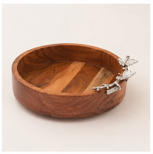 Handcrafted Acacia Wood Round Serving Bowl With Artistic Silver <b>Butterfly</b> Branch Handle Elegant Decorative Tabletop Fruit Decor - Product Image 3