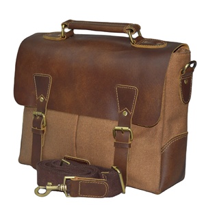Classic Leather <b>Laptop</b> Briefcase with Shoulder Strap Durable Office Messenger Bag Brown Canvas and Leather Design - Product Image 1