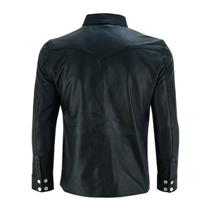 <b>Men's</b> Black Leather Look Button Up <b>Shirt</b> Long Sleeve Collared Casual <b>Western</b> Style Top with Pockets - Product Image 6