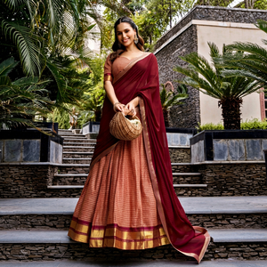 Women's Traditional <b>Lehenga</b> Choli With Dupatta For Wedding Wear Indian Style <b>Red</b> And Gold Checkered Pattern - Product Image 1