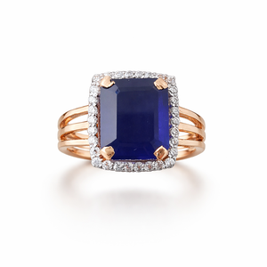 18K Solid Rose Gold Blue Sapphire Emerald Cut <b>Ring</b> Diamond Halo <b>Split</b> Shank Statement Cocktail <b>Ring</b> for Women Jewelry Gift - Product Image 1