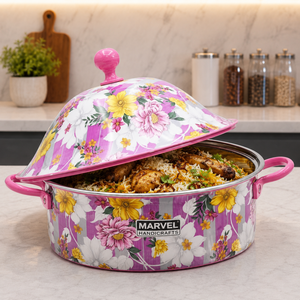 Olla térmica de acero inoxidable con aislamiento y diseño floral rosa de Marvel Handicrafts, para servir comida caliente en la cocina. - Product Image 2