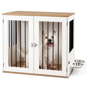 304 Stainless Steel Dog <b>Crate</b> with 360 Degree Rotating Feeder Double-Locking Indoor Pet Kennel Stylish Furniture Style Bowls - Product Image 3