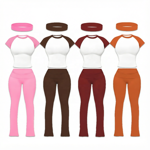 Conjunto de dos piezas con mangas raglán para mujer, Top corto de manga corta, pantalones de cintura alta, traje deportivo de color sólido para todas las estaciones - Product Image 1