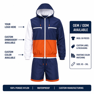 Ensemble survêtement homme personnalisé avec veste coupe-vent à capuche et short, color block, imperméable, en polyester, disponible en OEM/ODM - Product Image 4