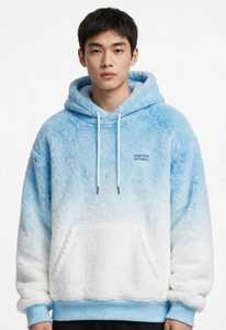 Men's Oversized Fuzzy Pullover Hoodie Blue <b>White</b> Gradient Color Kangaroo Pocket Winter <b>Sweatshirt</b> - Product Image 4