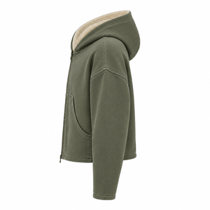 WIDA SPORTS Olive Green Hooded Zip-Up Crop <b>Jacket</b> <b>Fleece</b> <b>Lined</b> Oversized Casual Unisex Winter Sweatshirt - Product Image 4